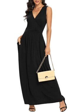 Lilbetter Women's Black Sleeveless Deep Neck Loose Plain Long Maxi Casual Dress